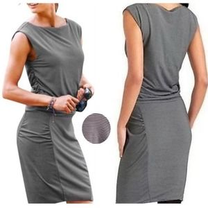Athleta Womens Micro Stripe Westwood Dress Black White Rouched Size Medium Tall